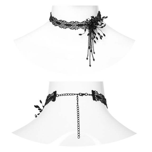 Schwarzes PUNK RAVE Spitzen-Halsband mit Blüte in schwarz oder schwarz-rot