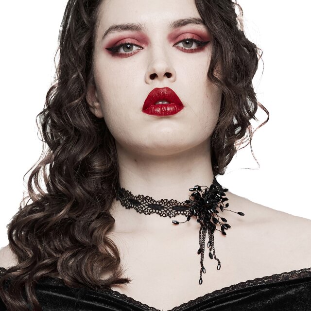 Black PUNK RAVE lace necklace with flower in black or black-red