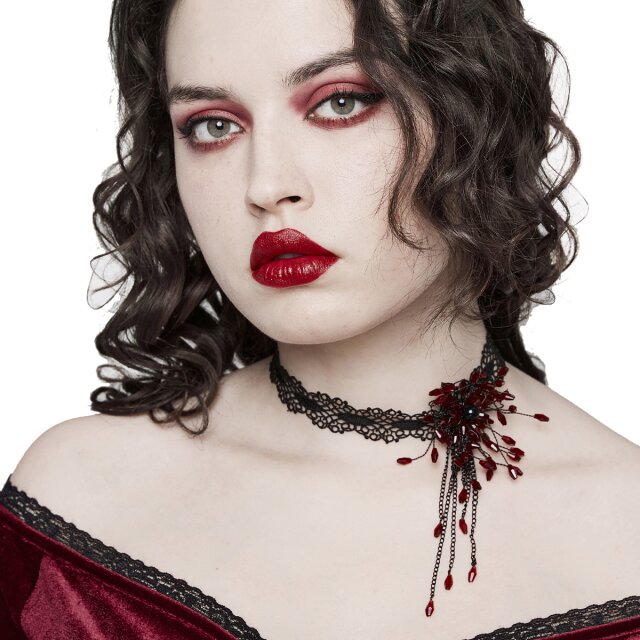 PUNK RAVE Spitzenhalsband (DS-572BK & BK-RD) mit zauberhafter Perlenblüte entweder in schwarz oder in rot-schwarz