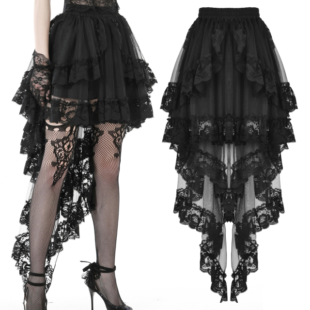 Dark In Love High Low Gothic Skirt (DW294) made of tulle flounces with wide lace ruffles as well as long swallowtail