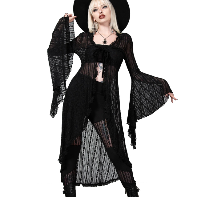 KILLSTAR Luciennes Seal Duster - long, delicate gothic lace cardigan with dramatic waterfall sleeves for a sombre everyday look to sophisticated Victorian Goth styles.
