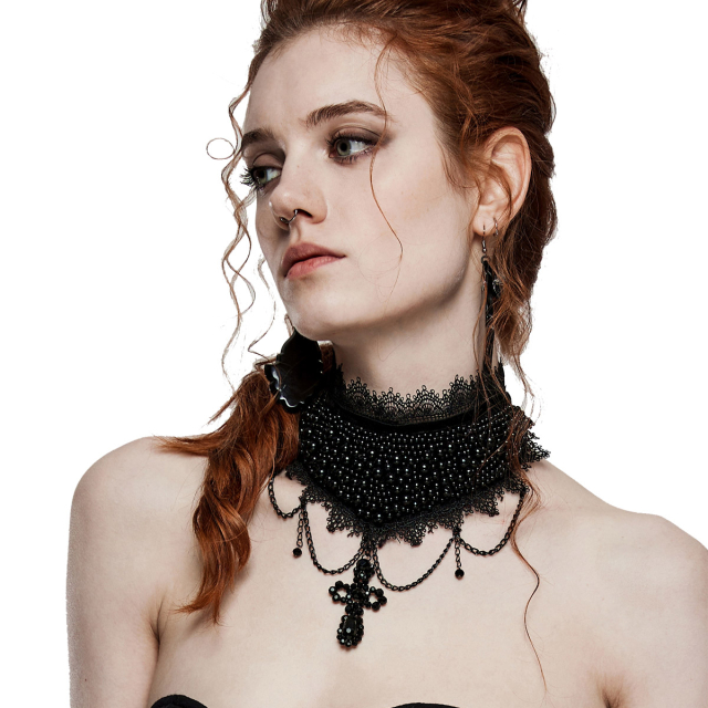 PUNK RAVE opulent gothic choker (WS-568BK) with black pearls set delicate bow-shaped chains and a pearl-studded cross pendant.