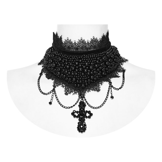 Wide PUNK RAVE Beaded Choker with Cross