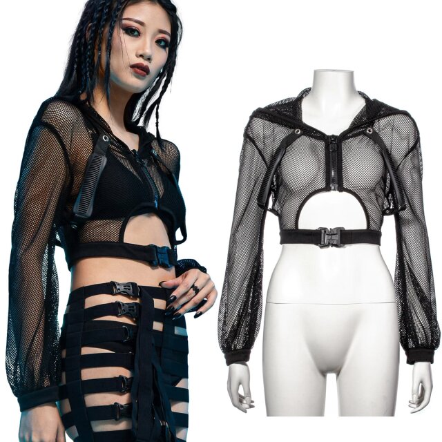 Cyber-Goth techwear style tummy-free mesh jacket with large hood as well as clip buckle and rubberised deco straps