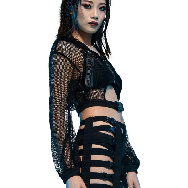 Bauchfreie Cyber-Goth Techwear Netzjacke Tempess mit Kapuze XL