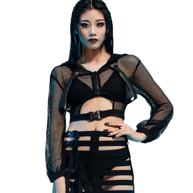 Bauchfreie Cyber-Goth Techwear Netzjacke Tempess mit Kapuze XL