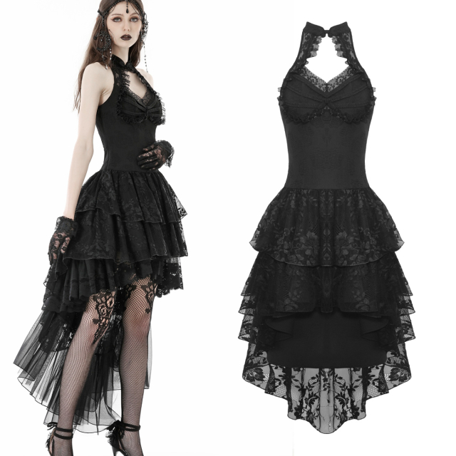 Dark romantic Dark In Love halter gothic dress (DW852) with flared lace flounce skirt in high low line and slim corset top.