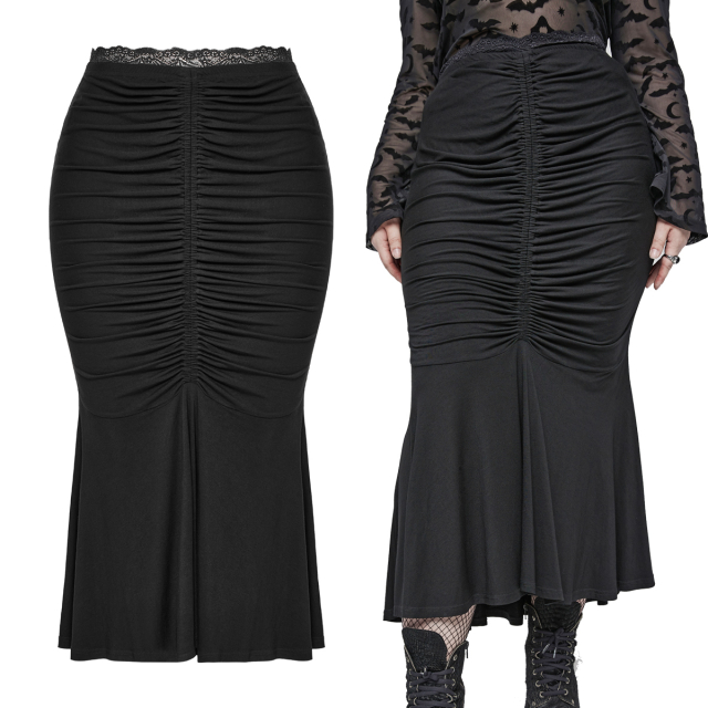 PUNK RAVE Midi Mermaid Skirt (DQ-635BK) from the Plus Size Collection in soft stretch jersey with fabulous gathers and wide flounce for a feminine mermaid line.