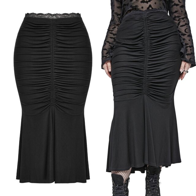 PUNK RAVE Midi Mermaid Rock (DQ-635BK) aus der Plus Size Kollektion aus weichem elastischen Jersey mit märchenhafter Raffung und breitem Volant für eine feminine Meerjungfrauen-Linie