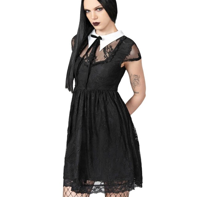 Killstar Dreadful Babydoll Dress - Mini dress made of elastic lace and short cap sleeves and eye-catching white shirt collar in Wednesday style with black bow.