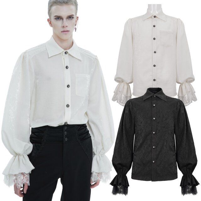Elegantes Devil Fashion Gothic Hemd (SHT08301 & SHT08302) in schwarz oder weiss mit dezentem Paisley-Muster und sehr weiten bauschigen Dichterärmeln sowie Trompeten-Manschtten mit Spitzenrüsche.