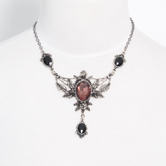 Restyle Gothic Necklace with Large Rose Pendant with Antique Silver Finish with Old Rose Coloured Stone and Small Black Stones