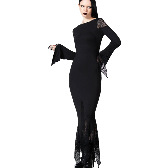 KILLSTAR Spiderella maxi dress - slim fit dress with long sleeves and flared skirt with handkerchief hem and mesh inserts with spider web pattern.
