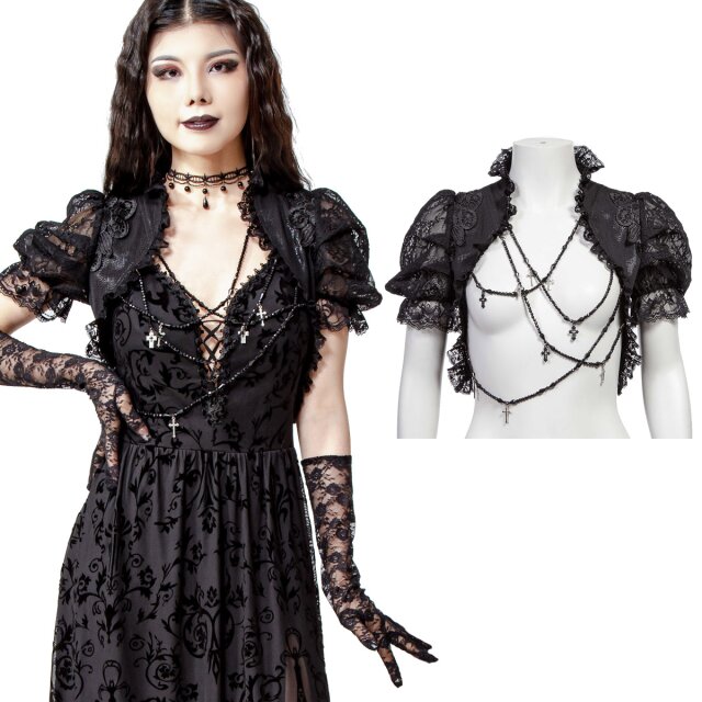 Gothic bolero jacket in black or red-black with short puff sleeves made of lace as well as pearl strings with cross pendants and lacing on the back.