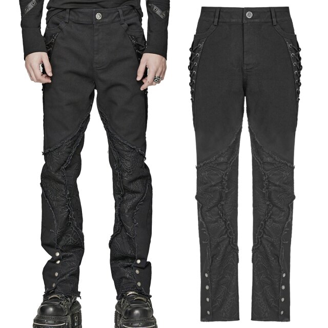 PUNK RAVE Boot-Cut Gothic-Stretch Jeans (WK-553BK) mit Zierschnürungen, Spinnennetzaufsätzen sowie ausgefransten Kanten und Knöpfen am Hosenbein