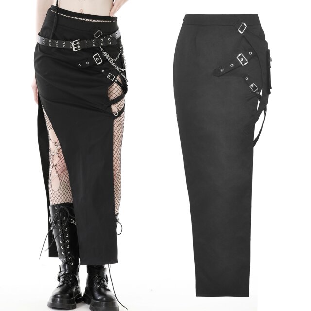 Long Dark In Love Gothic Punk Skirt (KW302) with Postapocalypse touch slim fit with high slit and straps and cargo pocket on the left hip