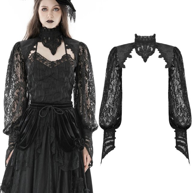 Dark In Love Bolero (BW122) aus floral gemustertem Jacquard mit hohem Stehkragen, bauschigen Puffärmeln aus Spitze mit dunkelromantischer Manschette aus Spitzenornament