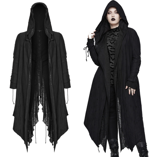 PUNK RAVE Tipped Cardigan (DY-1498BK) from the Plus Size Collection made of different materials in morbid End Times or Witchcraft design with a big hood and laces