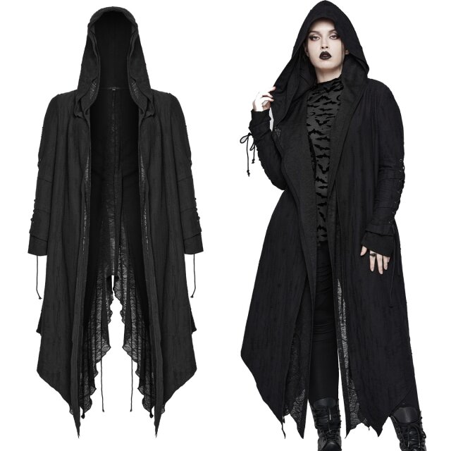 PUNK RAVE Zipfel Cardigan (DY-1498BK) aus der Plus Size Kollektion aus unterschiedlichen Materialien in morbidem Endzeit- oder Witchcraft-Look mit großer Kapuze und Schnürungen