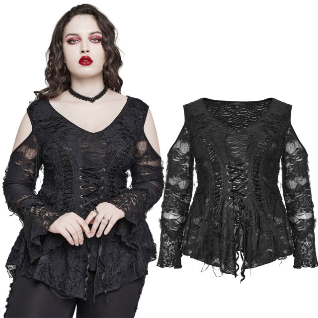 Zerfetztes morbides A-Linien Gothic Shirt (DT-796BK) aus der PUNK RAVE Plus Size Kollektion mit Schnürung auf der Brust, langen ab dem Handgelenk ausgestellten Ärmeln und Cut-Outs auf den Schultern