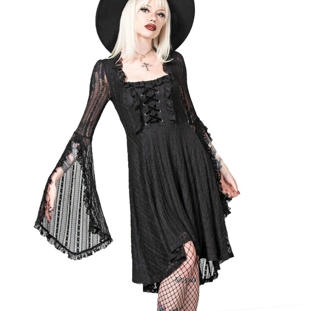 KILLSTAR Gabriella Maiden Dress - romantisches A-Linien Midi Kleid, vorne kürzer als hinten, aus elastischer Strick-Spitze mit XXL-Wasserfallärmeln und dekorativer Schnürung