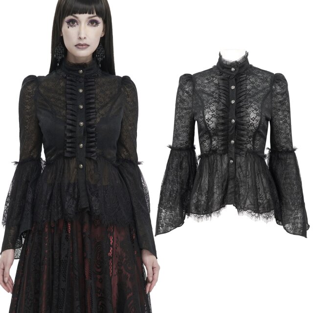 Transparente Devil Fashion Schößchenbluse (SHT099) in romantischem viktorianischem Gothic Stil mit Stehkragen, strengen Rüschen, weiten Trompetenärmeln sowie Schößchen aus zarter Spitze