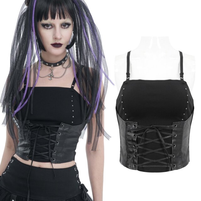 Devil Fashion Gothic Träger-Shirt (TT240) in Korsagen-Optik im Lagenlook für coole Postapokalypse Styles. Weiches, festes Jersey mit zweiter Lage aus Kunstleder in Form einer Unterbrustkorsage.