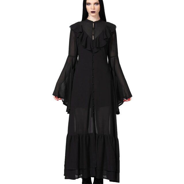 KILLSTAR Valentine Maxi Dress - Gothic Chiffonkleid in femininer A-Linie mit langen ausgestellten Trompetenärmeln, V-förmiger Rüsche, Stehkragen und geknöpfter Front.