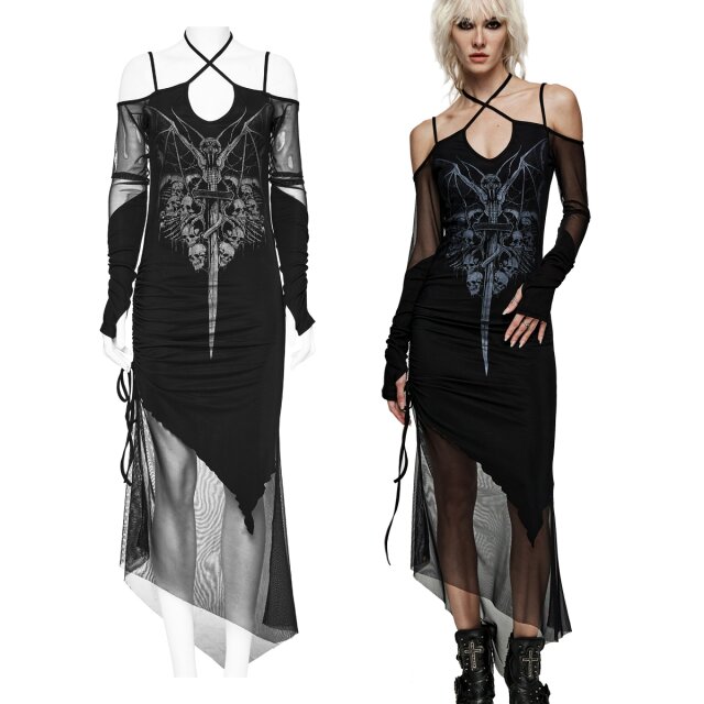 Schmales, zweilagiges und schulterfreies PUNK RAVE Midi Kleid (WQ-654BK) mit langen Ärmeln sowie großem Dämonen-Print auf der Front, abgeschrägtem Zipfelsaum, und Neckholder