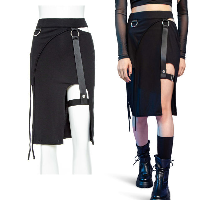 Elastic Gothic Pencil Skirt with High Slit and Leg Straps...