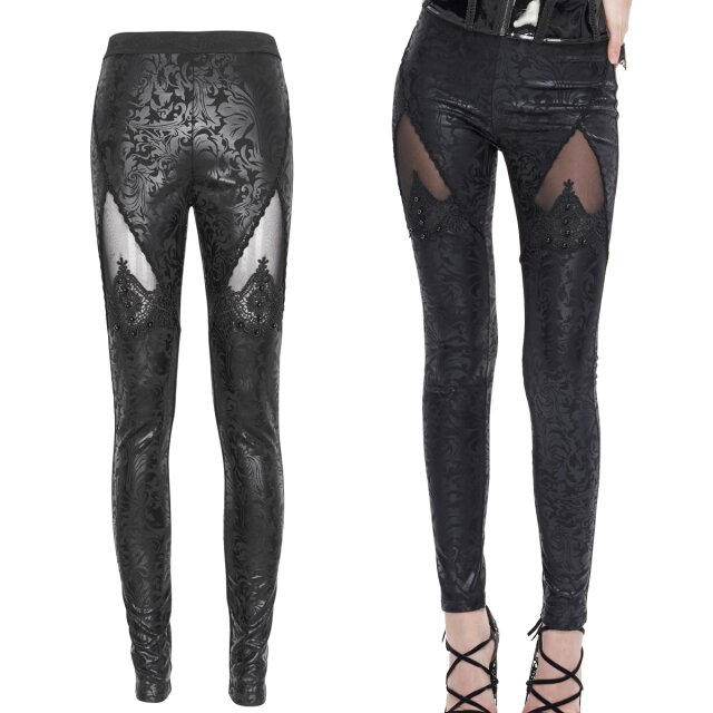 Devil Fashion Gothic Leggings (PT224) with Baroque Vine Pattern and Lace Insert on the thighs with dark romantic black beads