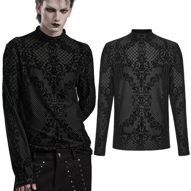 PUNK RAVE Langarm Gothic-Shirt (WT-830) mit samtigem Ornament-Flock-Muster mit schmalem Stehkragen