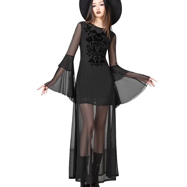 KILLSTAR Elfin Heart Maxi Kleid aus semi-transparentem Mesh in Figur-schmeichelnder A-Linie und aufregendem Flock-Motiv mit Blütenranken und Totenköpfen. Lange, zweilagige Trompetenärmel