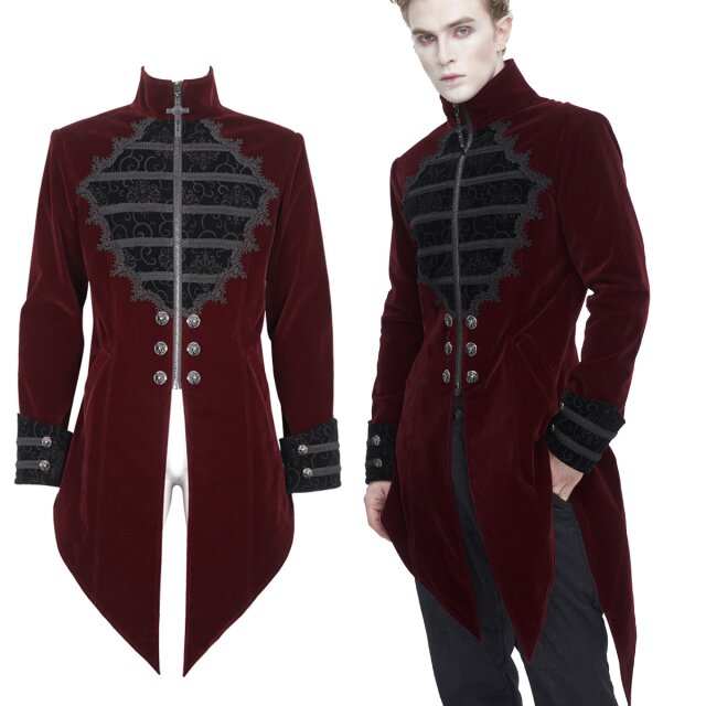 Devil Fashion Samt-Gehrock (CT21501 & CT21502) in schwarz oder rot in elegantem Victorian Goth Deisgn mit spitz zulaufendem Saum und üppiger Bortenverzierung