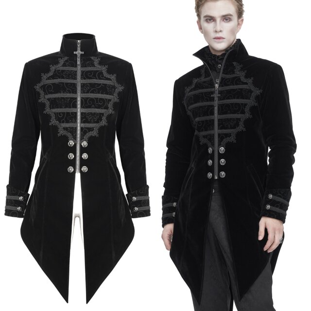 Devil Fashion velvet frock coat (CT21501 & CT21502) in black or red in elegant Victorian Goth design with tapered hem and lavish trimming