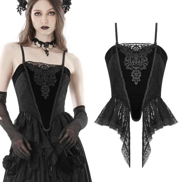 Dark In Love gothic corset top (CW042) in velvet and lace with attached peplum and large lace appliqué on the chest. Back with lacing.