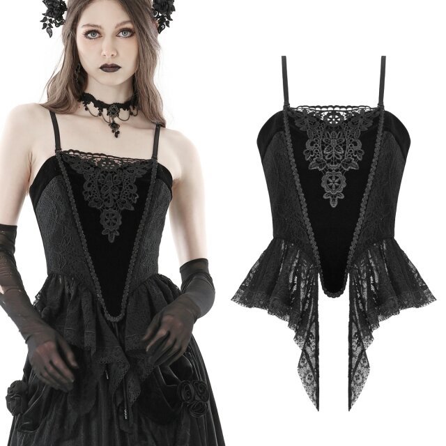 Dark In Love Gothic Korsagen-Top (CW042) aus Samt und Spitze mit angesetztem Schößchen und großer Spitzenapplikation auf der Brust. Im Rücken mit Schnürung.
