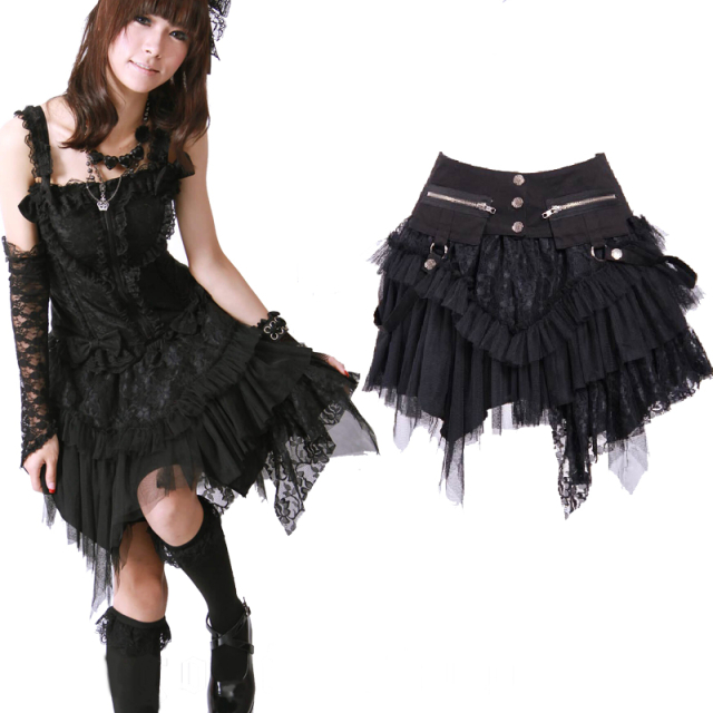 Eye-catching, freaky black gothic punk mini skirt with removable wide belt.
