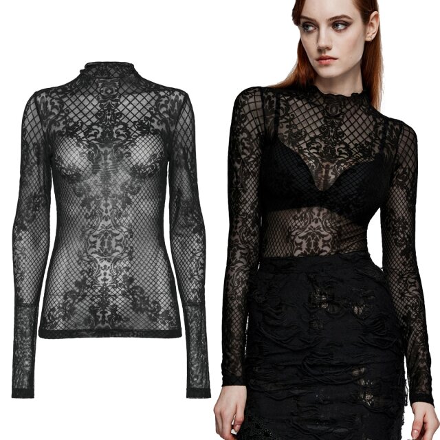 Skintight PUNK RAVE long sleeve shirt (WT-832) made of flocked transparent mesh with baroque ornament pattern between elegant diamonds