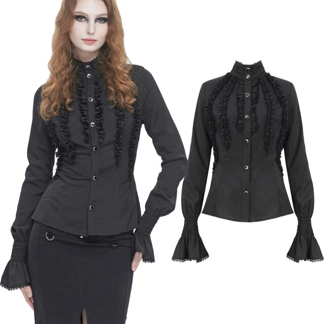 Devil Fashion Rüschenbluse (SHT10601 & SHT10602) in schwarz oder weiß in viktorianishcem Stil mit Stehkragen und Trompeten-Manschetten