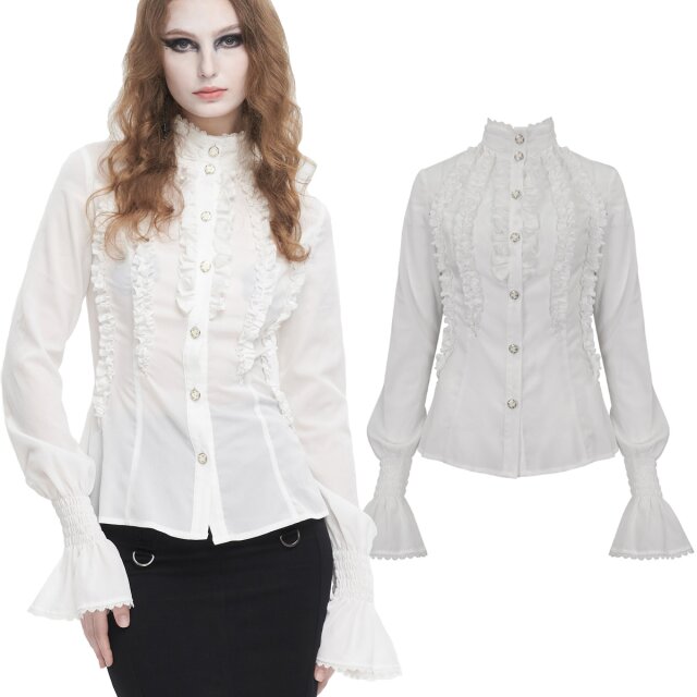 Devil Fashion ruched shirt (SHT10601 & SHT10602) in black or white in Victorian style with stand-up collar and trumpet cuffs