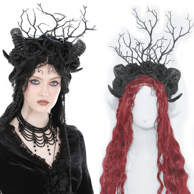 Dark In Love headband (AHW018) with curled horns, rose petals and mystical twigs in wood elf style