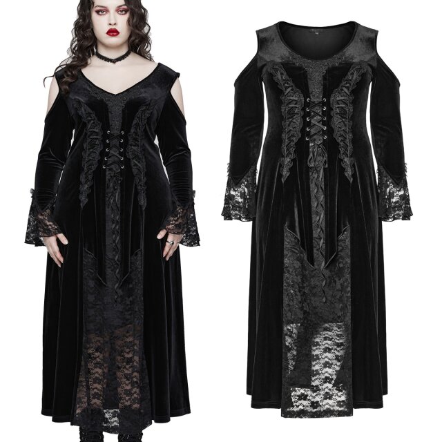 PUNK RAVE Curvy Maxi-Kleid (DQ-664BK) aus weichem, elastischem Samt und Spitze mit großem Ausschnitt, langen Ärmeln, Zierschnürung vorne sowie Vokuhila-Optik durch semi-transparente Spitze