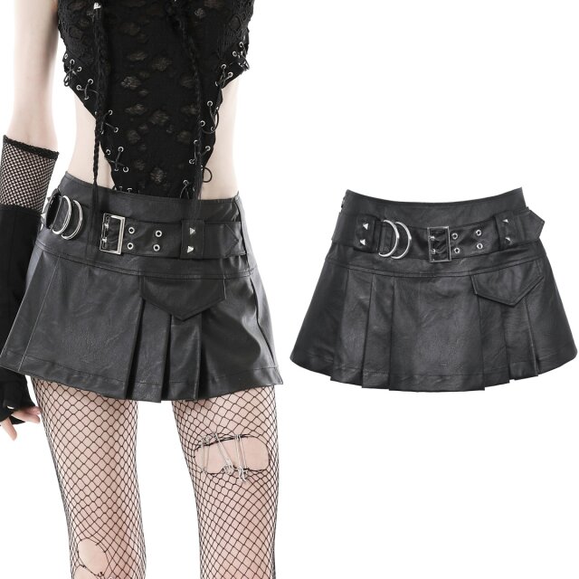 Ultra-short Dark In Love pleated mini skirt (KW304) by Dark In Love with belt attached to the front with D-rings and pyramid studs