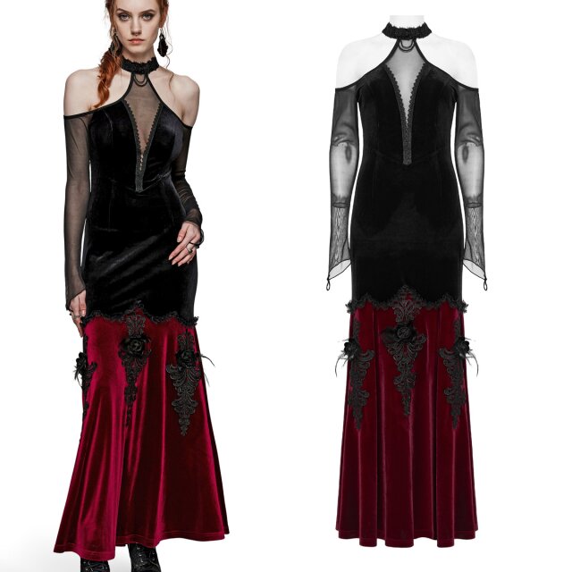 Darkly romantic PUNK RAVE velvet dress (WQ-658) in a mermaid line with elaborate floral embellishments, cut-outs on the shoulders, long sleeves and halterneck, in plain black or black and red