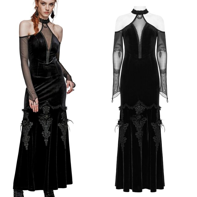 Dunkelromantisches PUNK RAVE Samtkleid (WQ-658) in Meerjungfrauen-Linie mit aufwendigen Blütenverzierungen, Cut-Outs auf den Schultern, langen Ärmeln und Neckholder, in uni-schwarz oder schwarz-rot