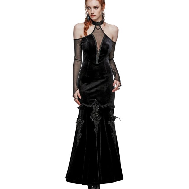 Langes PUNK RAVE Neckholder-Kleid Sublimity of Darkness in Meerjunfrau-Linie