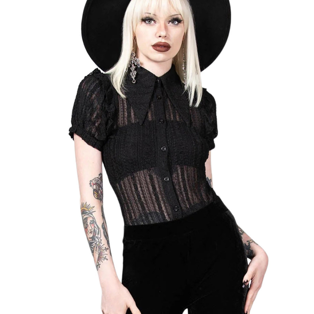 KILLSTAR Elenas Choice Lace Collar Blouse - transparent gothic lace blouse with ruffles on the shoulders, cute short puff sleeves and large collar