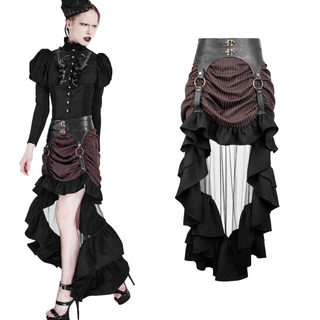 PUNK RAVE Q-302 (CO) Impressive brown-black steampunk skirt with pinstripe and train.