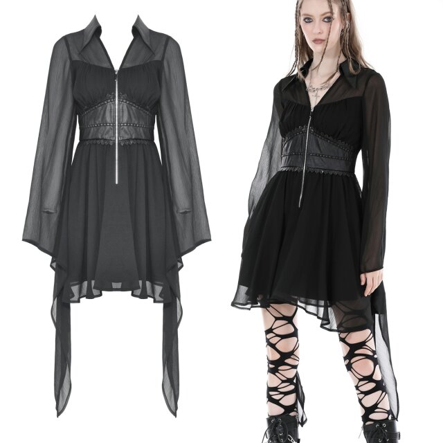Dark In Love Gothic Minikleid (DW892) aus weich fließendem Chiffon mit ausgestellten überlangen Elfen-Ärmeln, breitem geschwungenen Tailleneinsatz in Korsagen-Optik aus Kunstleder sowie Hemdkragen aus Kunstleder